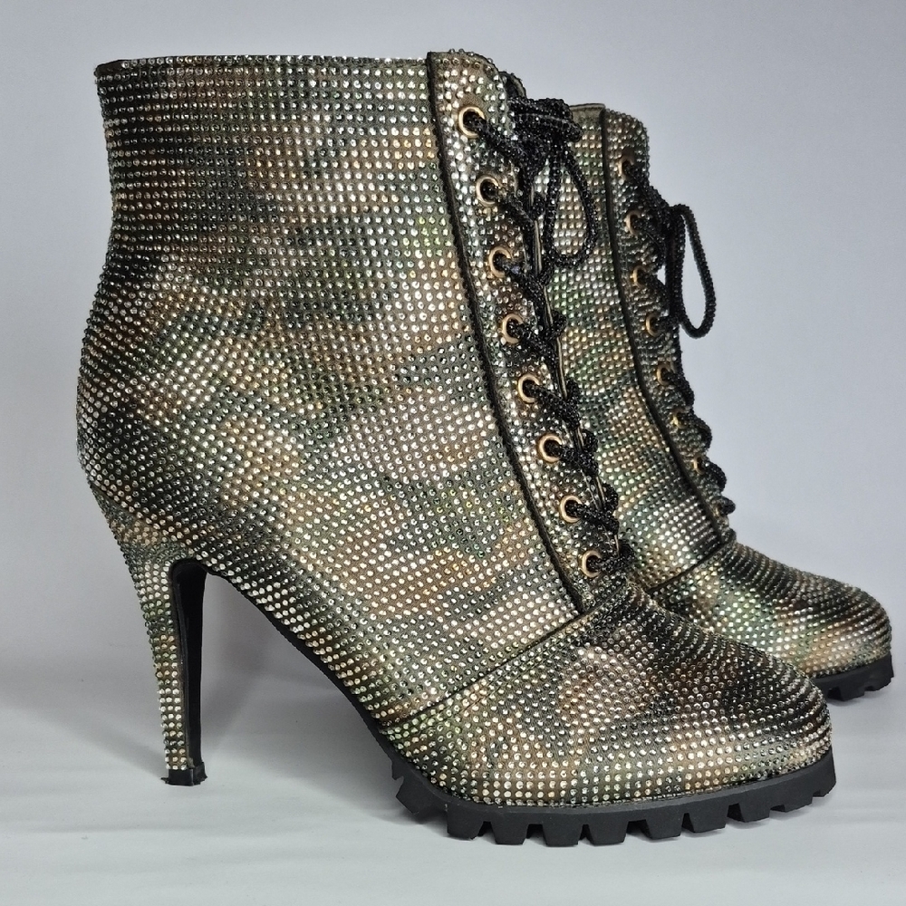 Rhinestone Camo High Heel Lace UP Side Zip Ankle Boots SIZE 9
